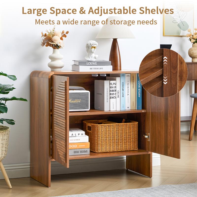 Giratree Mid-Century Fluted Wood Sideboard Buffet – 31" Curved Storage Cabinet with Round Textured Doors & Adjustable Shelves, Brown Accent Credenza for Living Room or Kitchen