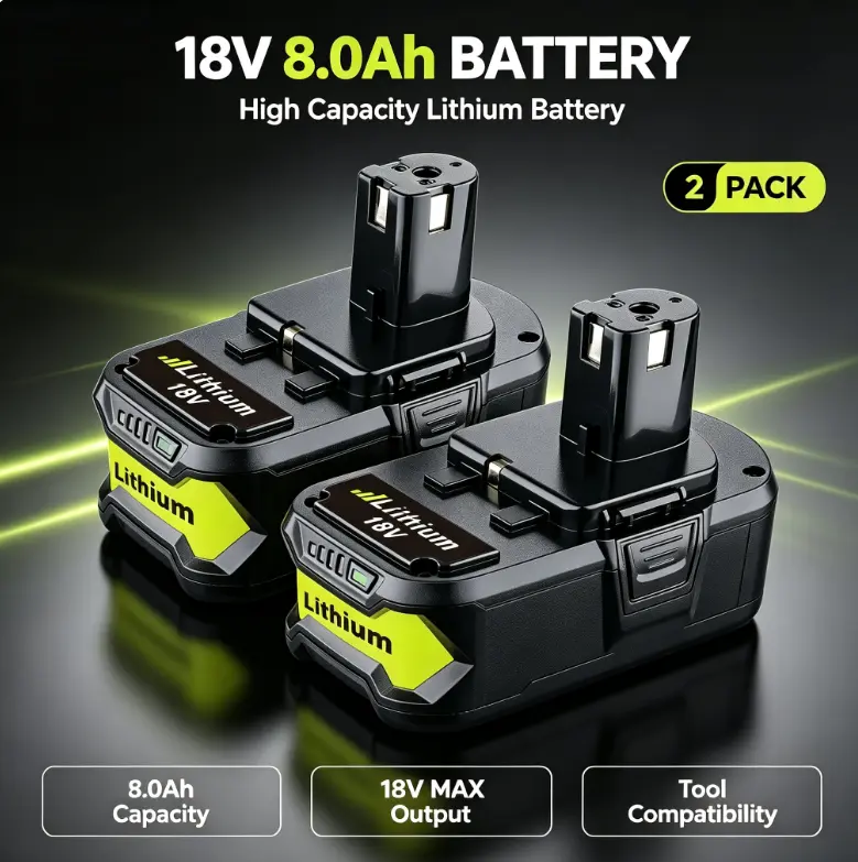 2-Pack 18V 8.0Ah Li-ion Replacement Batteries with Compatible Slot - Fit for Ryobi P108,RBL1810,1+ 18V Cordless Power Tools, Plug-and-Play Slide Rail Design for DIY Users’ Home Improvement Needs
