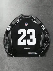 Men's Black Football Jersey Style Long Sleeve T-Shirt Throwback Jersey With Number 23 And Flame Print, Vintage Streetwear For Casual Daily Wear