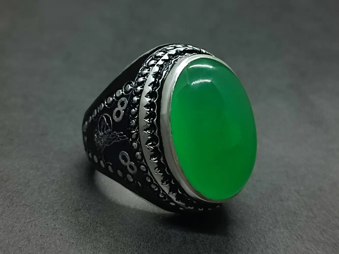 Natural Yemeni Big Green Agate Sterling Silver 925 Handmade Sabz Aqeeq Women Men's Islamic Ring Heavy Turkish Ring