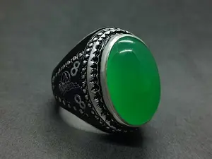 Natural Yemeni Big Green Agate Sterling Silver 925 Handmade Sabz Aqeeq Women Men's Islamic Ring Heavy Turkish Ring