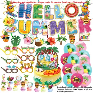 Hawaiian Theme Party Decorations, Summer Party Supplies, Paper Party Glasses, Balloons, Cake Picks, Happy Birthday Banner, Ribbon Decor