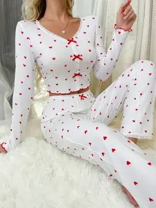 Two-piece Set Women's Valentine's Day Cute Print Lettuce Trim Pyjama Set, Soft and Stylish Loungewear Set For Relaxing At Home, Women's Sleepwear for All Seasons, Casual and Fun Valentine's Day Sleep Set For Women, Pajamas