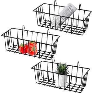 3 Pack Grid Panel Hanging Wire Basket, Storage and Display Basket for Wall, Kitchen, Home Decor, Potted Plants, Black