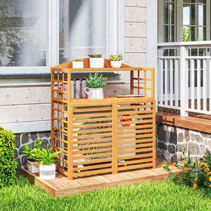 Outdoor Air Conditioner Fence Privacy Screen Wood AC Fence Potting Table with Shelves for Patio Light Brown Dual Purpose Design Solid Natural Wood Effective Heat Dissipation Simple Setup