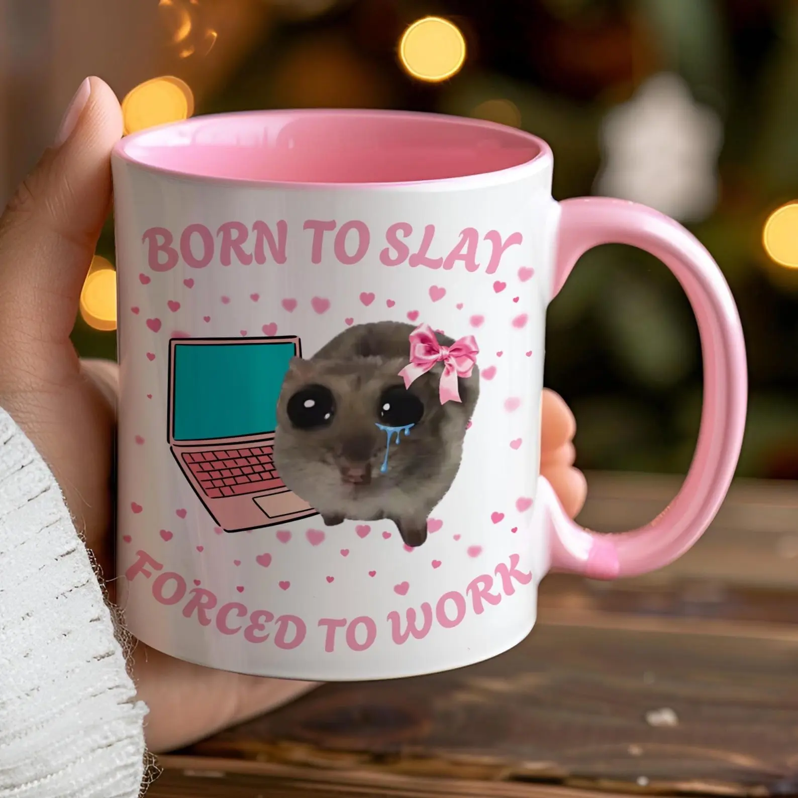 Born to Slay Forced to Work Mug, Funny Sad Hamster Tiktok Viral Meme, Just a Girl Gift for Her, Funny Work Gift, Coworker Mug, Pink Gifts