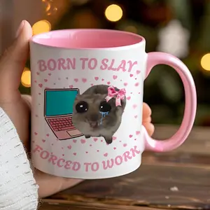 Born to Slay Forced to Work Mug, Funny Sad Hamster Tiktok Viral Meme, Just a Girl Gift for Her, Funny Work Gift, Coworker Mug, Pink Gifts