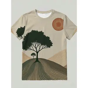 Women's Relaxed-Fit Short-Sleeve Round Neck Printed T-Shirt - Soft Cotton Blend, Earthy Tones Minimalist Abstract Landscape Motif, Everyday Comfort Top