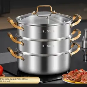 1 Set, Stainless Steel Pot, Multifunctional Steamer, Household Thickened Three-layer Soup Pot, Hot Pot, Integrated Steaming Cooking Pot, Kitchen Pot, Cooking Utensils Cookware Handles