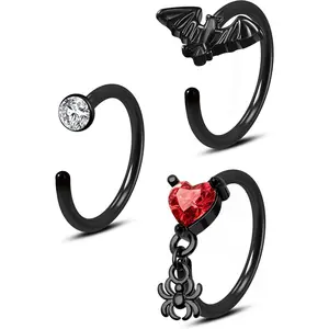 Black Halloween Nose Rings 20g Bat Nose Hoop Nose Ring Detailed Dangle Spider Nose Hoop 8mm Hoop Nose Piercing 20 Gauge Nose Jewelry