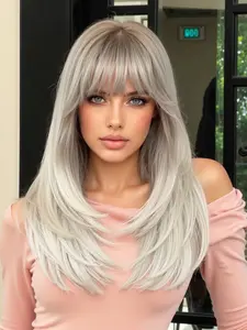 22 Inch Long Straight Wig with Bangs, Synthetic Hair Wigs, Heat Resistant Breathable Net Cap, Medium Length Wigs for All Seasons