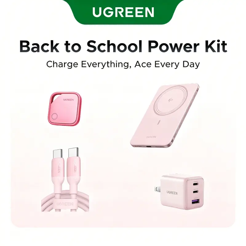 UGREEN Back to School Power Kit Travel Essentials Bundle 5000mAh 15W Wireless Magnetic Power Bank,30W 2C1A Charger,60W USB C to USB C Cable(3.3FT) ,FineTrack Air Tracker Tags (iOS Only)