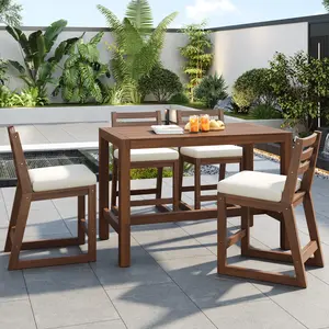 ARCH TREXM 5-Piece Rustic Patio Bar Set, Patio Table and Chairs Set with Ergonomic Chairs, Solid Wood Slatted Tabletop for Poolside, Balcony, Backyard, Porch (Mocha+Beige Cushion)