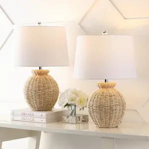 JONATHAN Y Nora Rustic Coastal Rattan Globe LED Table Lamps , for bedroom, living room, foyer, hallways, dining room, dorms