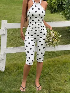 2026 Viral Trendy Y2K Retro White Black Polka Dot Halter Neck Capri Jumpsuit, Stretchy Bodycon Casual Summer Romper, Slim Fit Sleeveless One-Piece Outfit for Beach Vacation, Daily Wear & Streetwear, Soft Bodycon Jumpsuit Romper for Women, Hot Girl Style