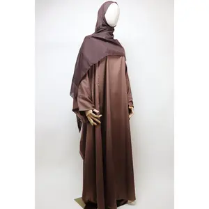 3 Piece Set Satin Open Bisht Abaya - Choco