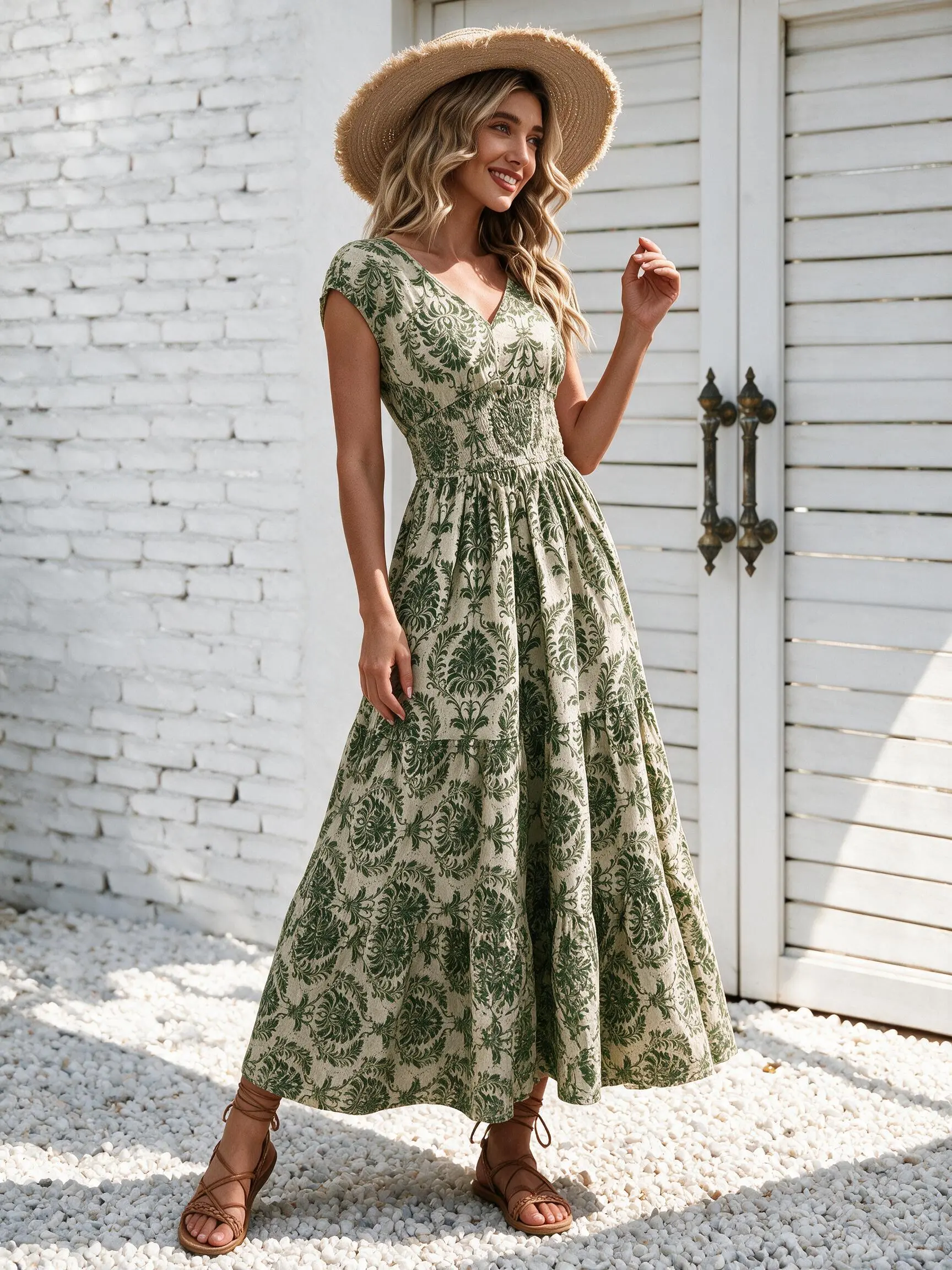Women's Vintage Floral Print Casual Maxi Dress, Cap Sleeves, V-Neck, Tiered, Flowy, Boho Summer Vacation Dress
