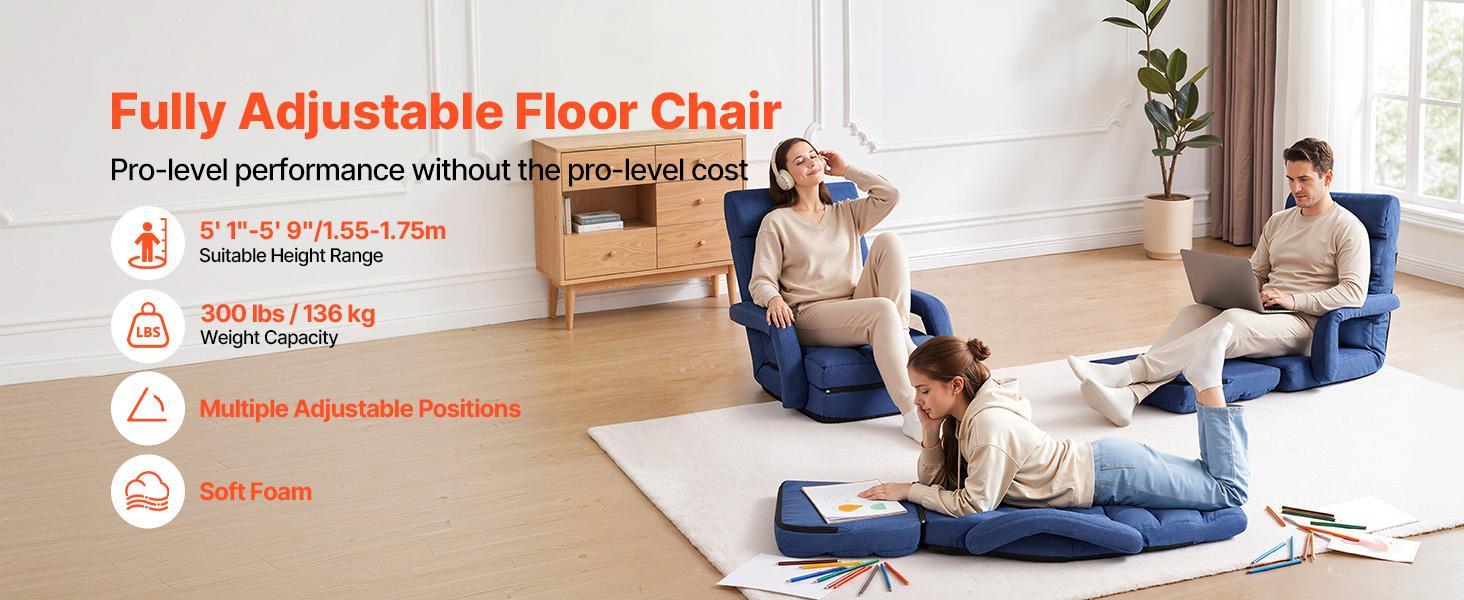 【FathersDayGift】VEVOR Floor Chair, 5 Adjustable Positions Folding Floor Gaming Chair with Back Support, Armrests, and Cushion, Sturdy Metal Frame with Recycled Foam and Linen Fabric, for Reading, Relaxing, Dark Blue