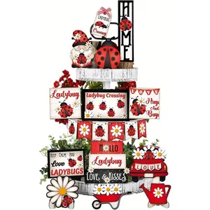Ladybug Themed Tiered Tray Decorations, 19pcs/set Wooden Tiered Tray Decorations, Home Decor for Kitchen, Living Room, Office, Ornaments