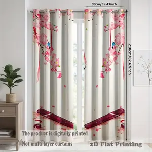 2pcs Cherry Blossom & Guzheng Curtains for Chinese Style Decor, Rod Pocket Drapes for Living Room & Bedroom, Cultural Aesthetic Home Accessories
