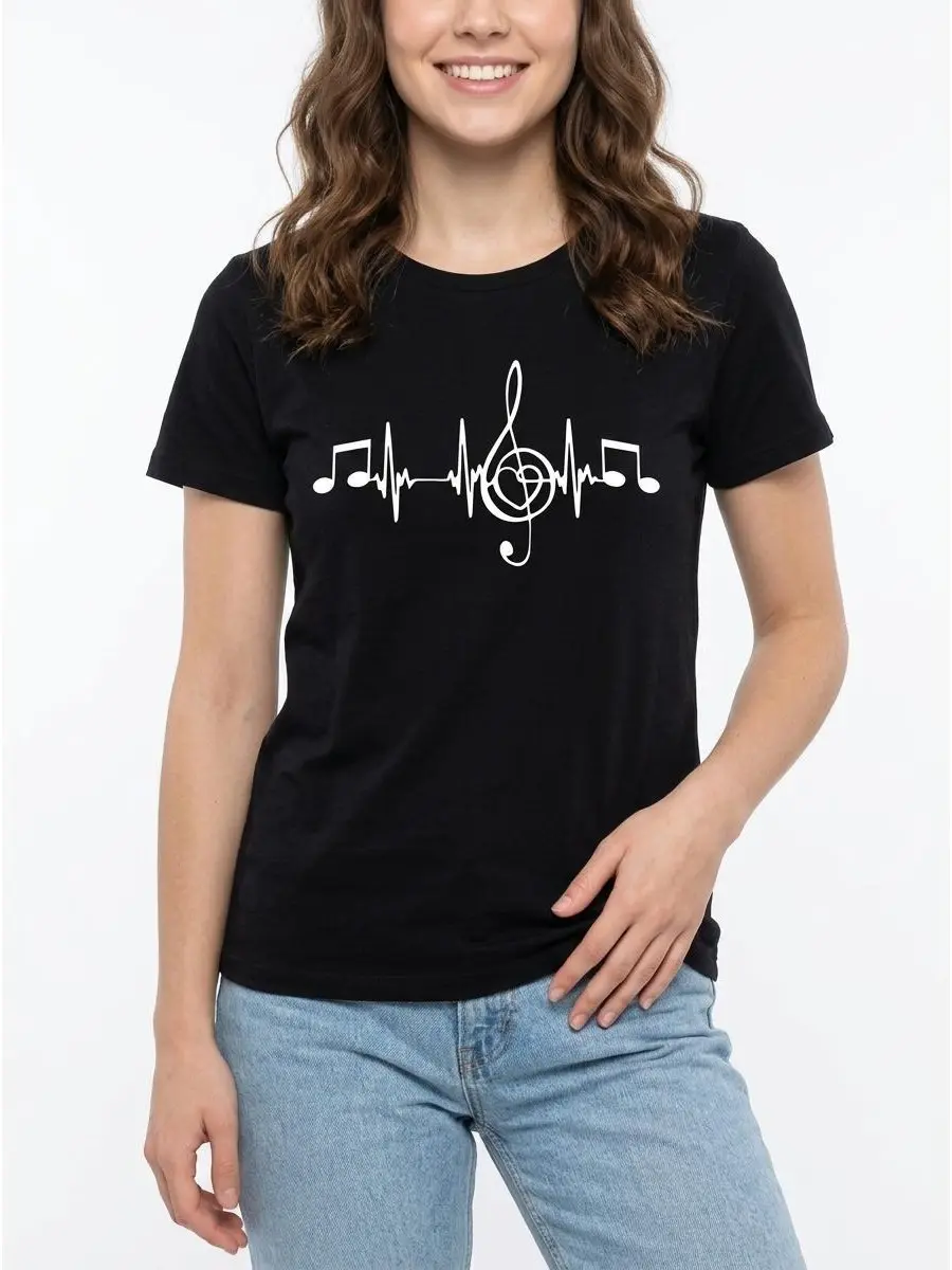 Music Heartbeat Tee Musician Graphic 100% Cotton Black White S-3XL Women Treble-clef Outfit Music-lover Gift