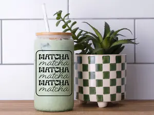 Matcha Lover Glass Tumbler – Repeating Matcha Design – 16oz Iced Matcha Cup with Bamboo Lid & Straw - Aesthetic Matcha Gift - Cute Glass Can