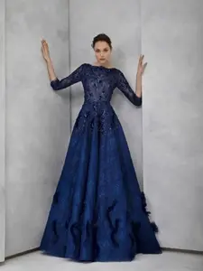 Tony Ward  Hand-Embroidered ¾ Sleeve Lace Gown