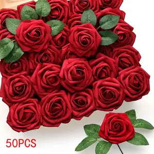 50pcs Realistic Rose Flowers with Stems, Boxed Pe Flower Holders, Foam Flowers, Ideal for Decorations and Arrangements