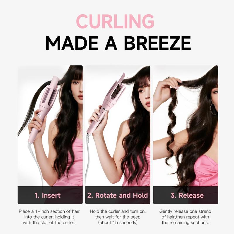 3 in 1 Automatic Curling Iron with 3 Curling Barrels 1" - 1.25" - 1.5" Rotating Iron 3 Temp Settings 10S Fast Heating Anti-Scald Dual Voltage Pink Hair Styling Tool Handle Gift
