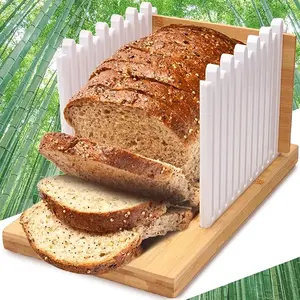 Heavy Duty Bamboo Bread Slicer - Adjustable Bread Cutter for Sourdough, Bagels, Cakes & Crumb Tray - Compact Design with Plastic Edges Bakeware Utensils Kitchen