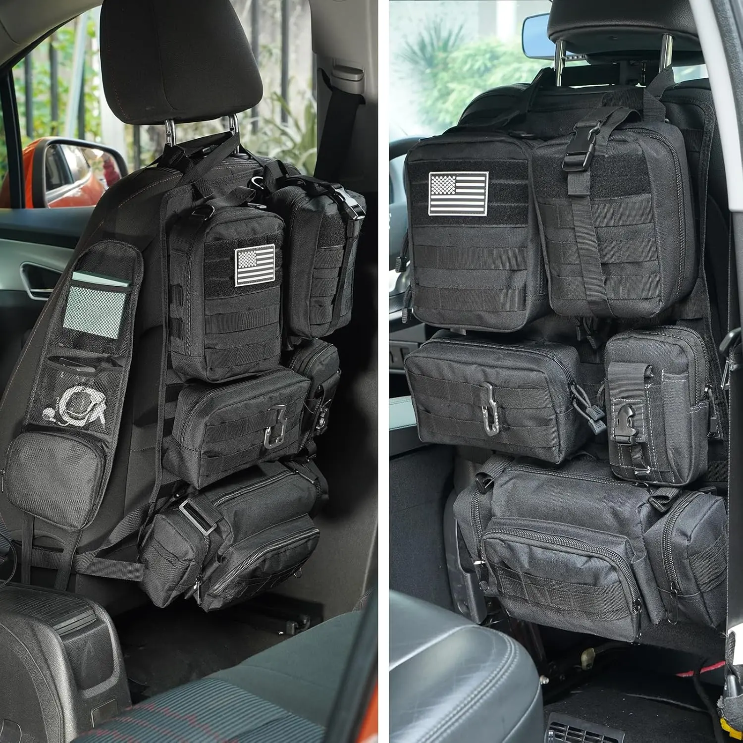 Black Tactical Car Interior Accessory Seat Back Interior Storage Box with 6 Detachable Pockets - Universal for Cars, Trucks, Jeeps