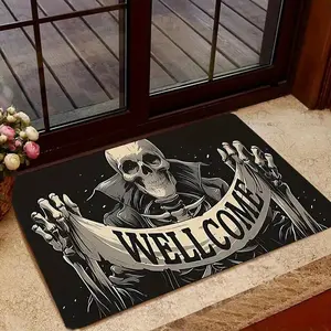 Gothic Skeleton "WELLCOME" Doormat, Spooky Skull Print, Non-Slip Backing. Absorbs Dirt & Moisture, Easy to Clean. Perfect for Halloween & Gothic Entryway Decor