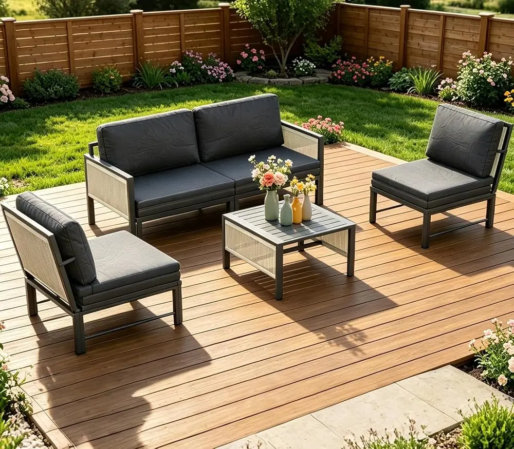 【2 Package Shipping】YODOLLA Aluminum Patio Sectional Sofa Set with Coffee Table, Outdoor Conversation Set, Porch & Deck Use, Includes Central Table, Sectional Couch