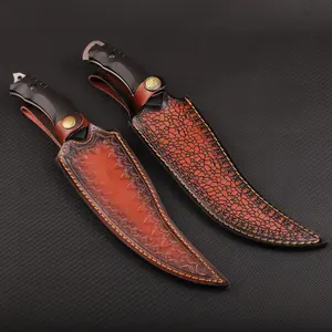 Vintage carved multifunctional camping knife, steel mirror-brushed composite grinding, G10 non-slip handle, rivet reinforced, top-grain cowhide handmade embossed leather sheath, an essential choice for gifting, collecting, and outdoor travel.