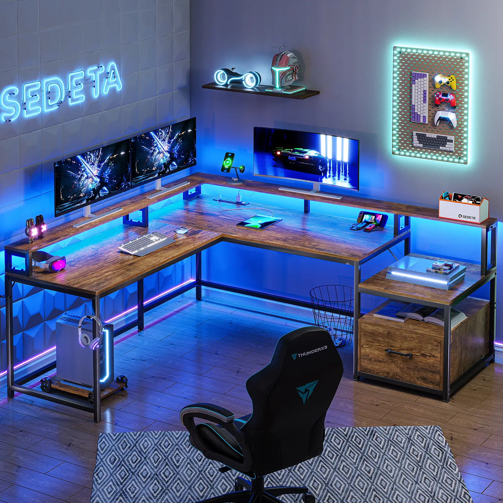SEDETA 66-inch LED L-Shaped Gaming Desk with Storage，Large Computer Gaming PC Desk, Writing Table Study Desk for Bedroom, Study, Office Reversible des