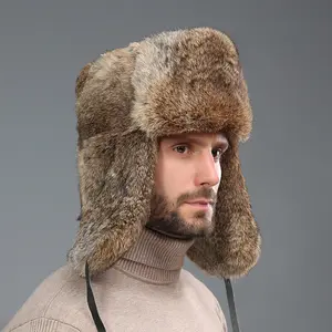Men Trapper Hat Winter Russian Hat Genuine Fur Earflap Hat Windproof Hunting Skiing Cap