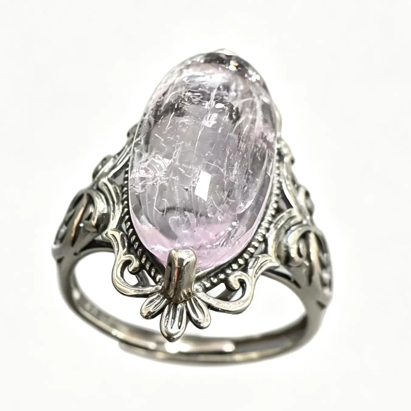 Vintage Natural Kunzite 925 Silver Adjustable Unisex Adult Ring - 16×9.3mm Oval Cabochon Statement, Vintage Natural Crystal Rings