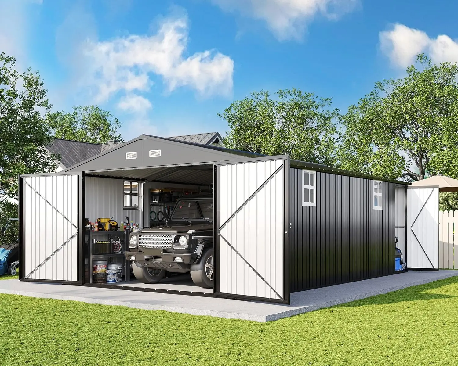 [Summerwins]VanAcc 13.2x21x8 FT Outdoor Storage Shed, Huge Metal Garage Shed with 2 Double Hinged Doors and 4 Windows, Carport for Car, Truck, Bike, Garbage Can and Lawnmower, Dark Grey