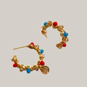 Golden Hoops Handwoven red/blue Crystals Hypoallergenic Gold Plated Beads Elegant Handmade Hoop Earrings for Everyday Wear