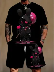 Men's Heart Rabbit 3D Full-Print Round Neck Pullover T-Shirt + Beach Shorts Set Matching, Casual Summer Outfit for Outdoor Activities