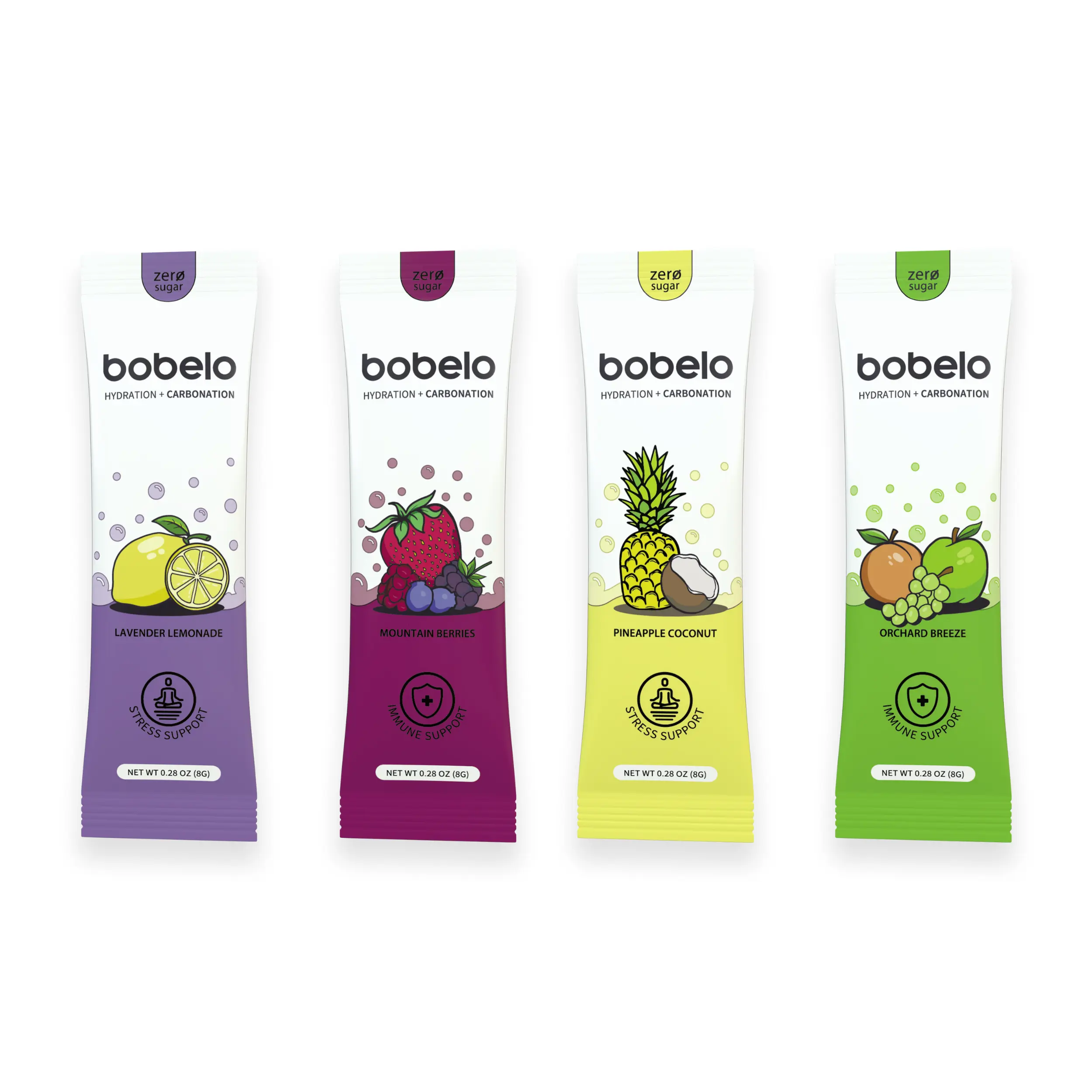 Bobelo Original Sampler  | Zero Sugar Fizz + Hydration Powder Drink Mix 4 Packets Natural Flavors Beverage