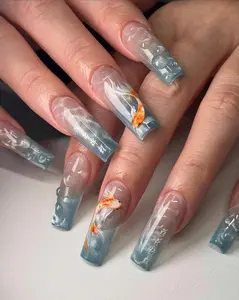 Koi Fish Press On Nails, Cat-eye Nails Realistic Pond Bubble & Fish Nail Design, Natural Landscape Nail Art Custom Hand-Painted Blue Nails