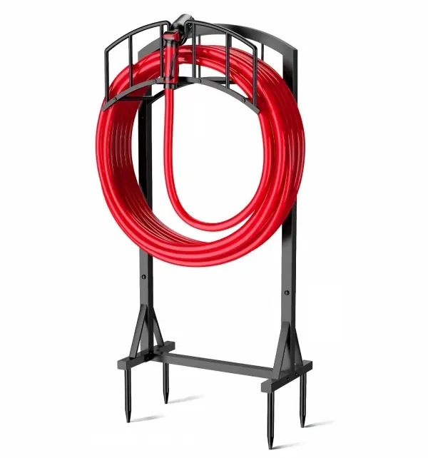 Freestanding Garden Hose Holder with Storage Basket, 4 Ground Spikes, Outdoor Tool Organizer for Lawn, Patio, Holds Up to 150FT Hose