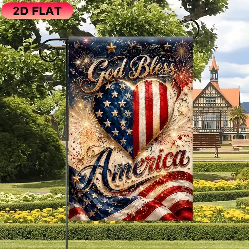 Vintage God Bless America Patriotic Yard Flag Heart Shaped American Flag Fireworks Outdoor Lawn Decoration 2D Flat Print God Bless America Garden Flag Rustic Heart USA Flag Independence Day Porch Home Decor
