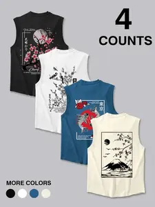 Men's Cherry Blossom & Mountain Graphic Print Tropical Tank Top, Regular Fit Casual Sleeveless Top for Summer, Men's Top for Daily Wear, Vest Top, Menswear
