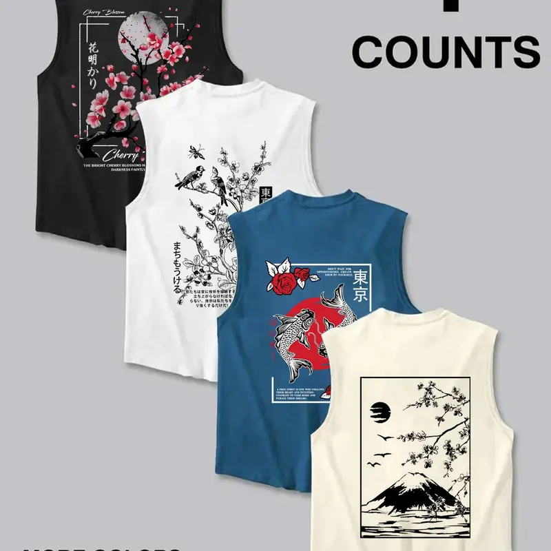 Men's Cherry Blossom & Mountain Graphic Print Tropical Tank Top, Regular Fit Casual Sleeveless Top for Summer, Summer Tank Tops, Men's Top for Daily Wear, Vest Top, Menswear, Tank Top Set