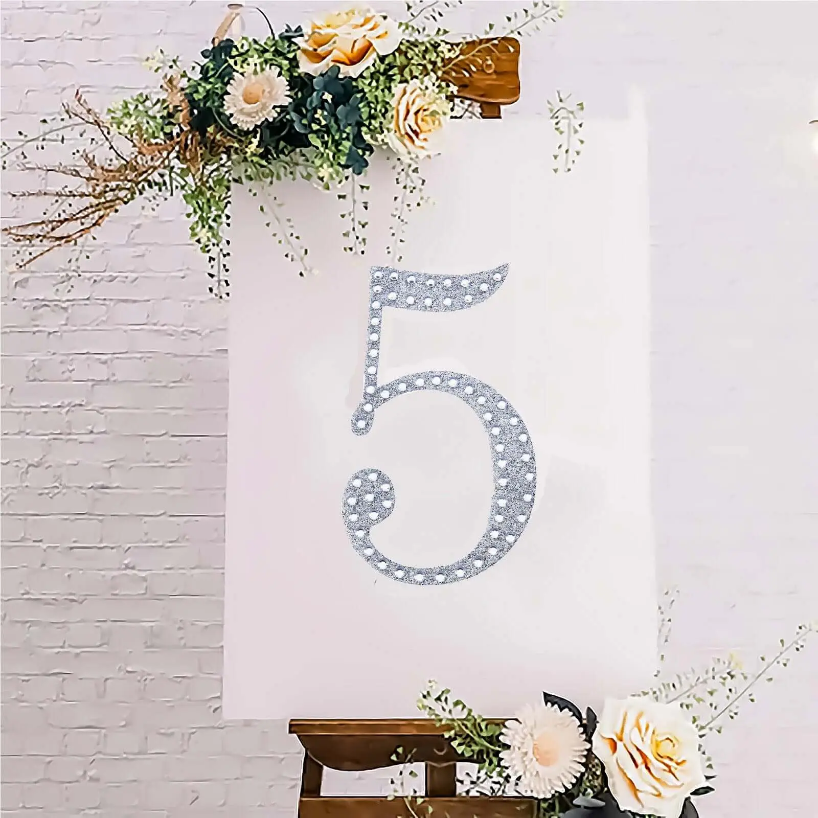 8 in Silver Glitter Rhinestone Number "5" Adhesive Decals - DIY Crafting Art Stickers, Party Embellishments for Scrapbooking & Stamping