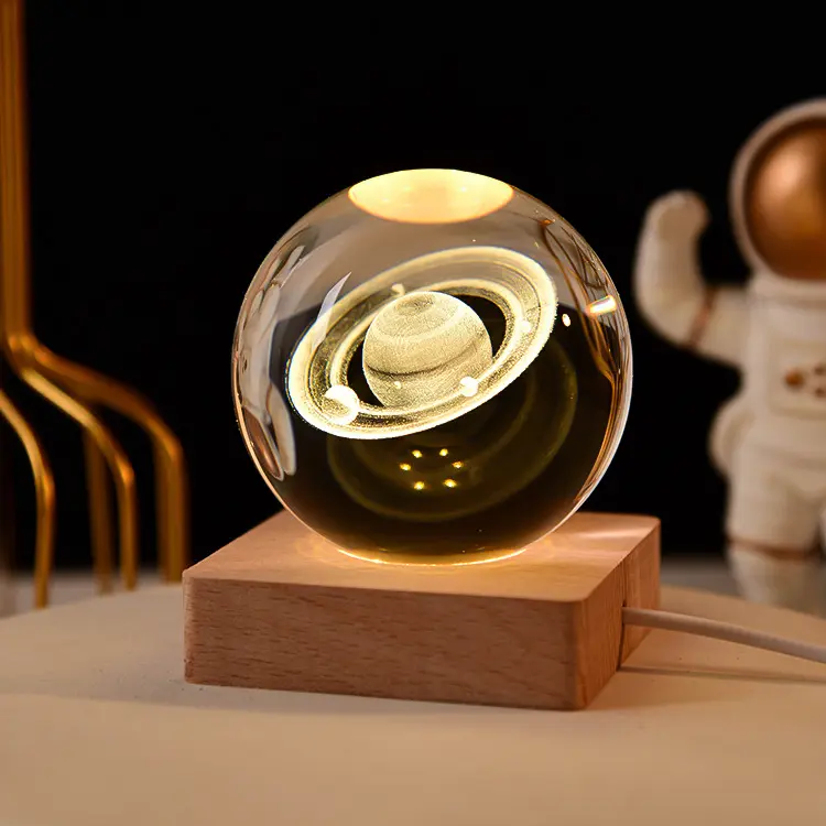 6cm 3D Laser Engraved Crystal Ball 2026 Solar System Planets Moon Astronaut LED Night Light Snowflake Glass Ball Astronomy Gift Aesthetic Home Bedroom Desktop Decoration