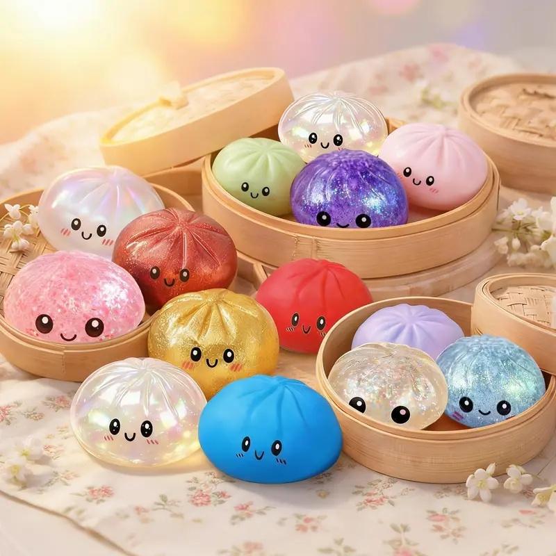 2026 New Glitter Dumpling Squishy with Steamer Box, Soft Sensory Fidget Steamed Bun Squeeze Tool for Adult Stress & Anxiety Relief,dumpling squishy mystery，giant dumpling squishy