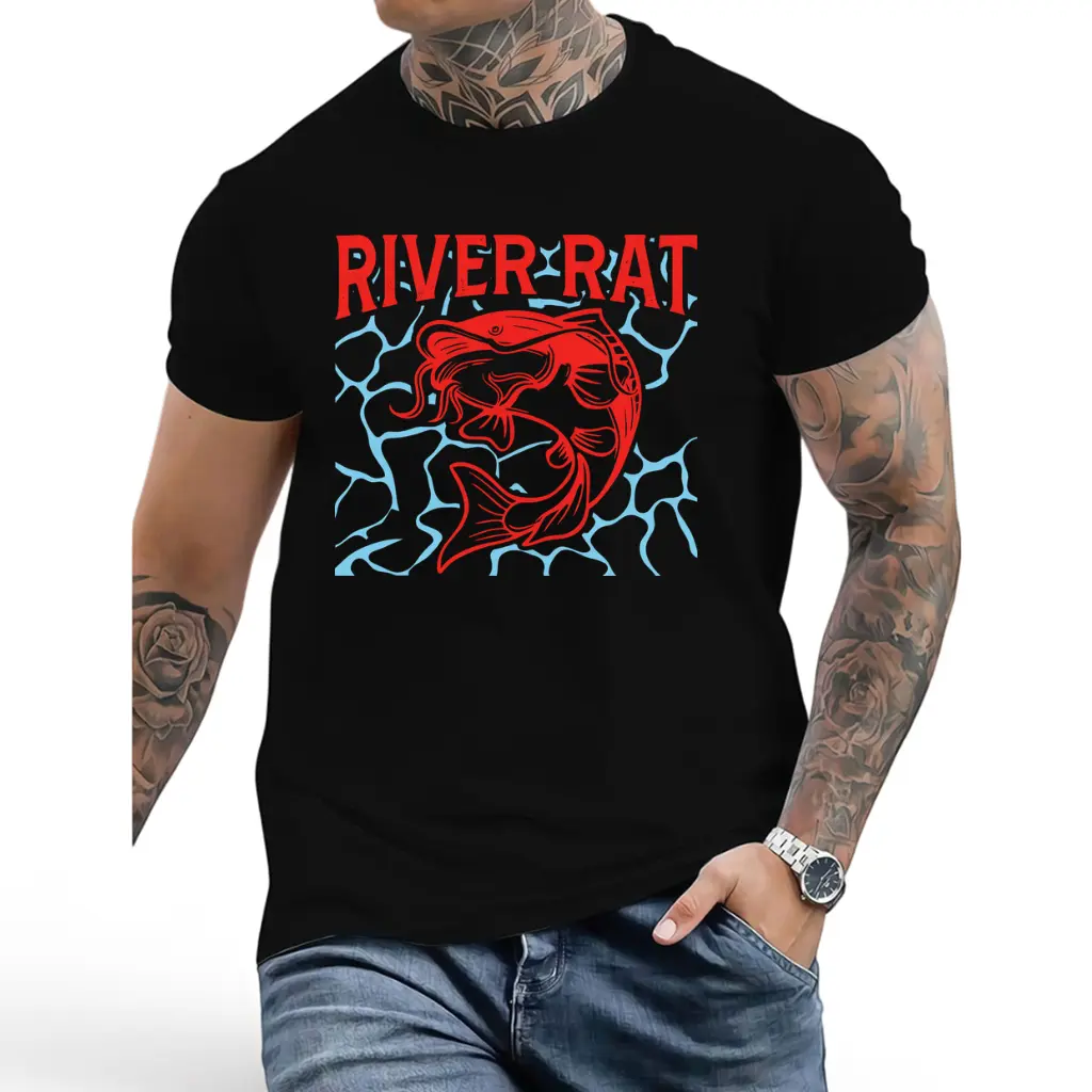 Men's Unisex's Catfish Fishing TShirt Casual Outdoor Short Sleeve Shirt with Catfishing Graphic Print Sizes Round Neck for River Fishing Trip Angler Apparel for YearRoundRetro Casual Short-sleeved T-shirt with a Round Neck and Printed Pattern